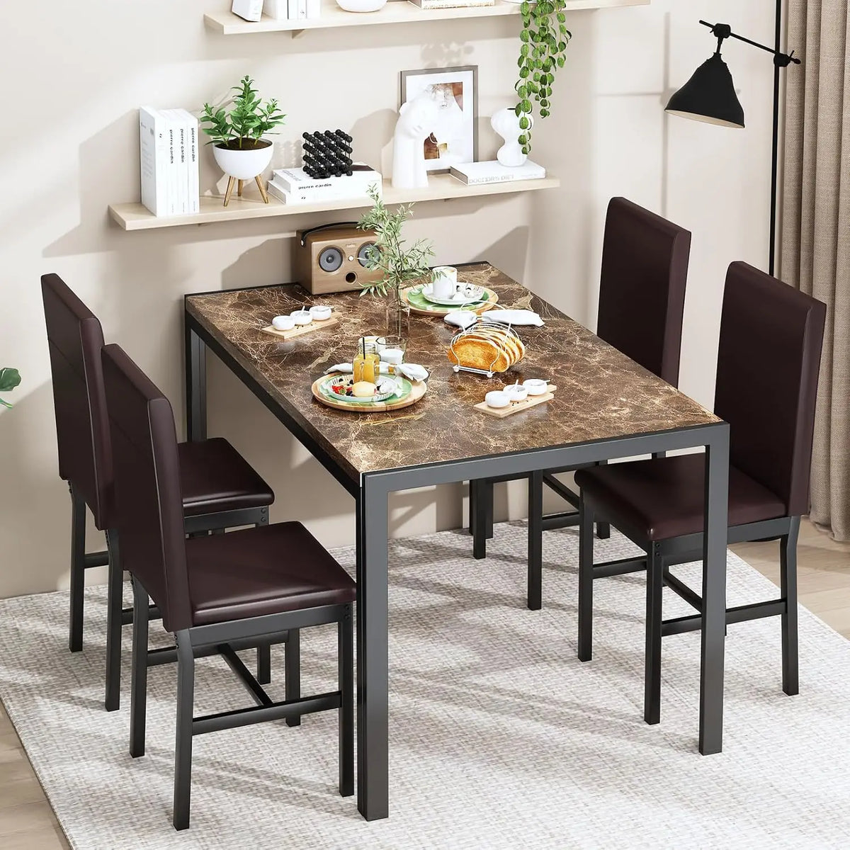 Dining Table Set for 4, Faux Marble Table with 4 PU Leather Chairs, Kitchen Breakfast Nook Set