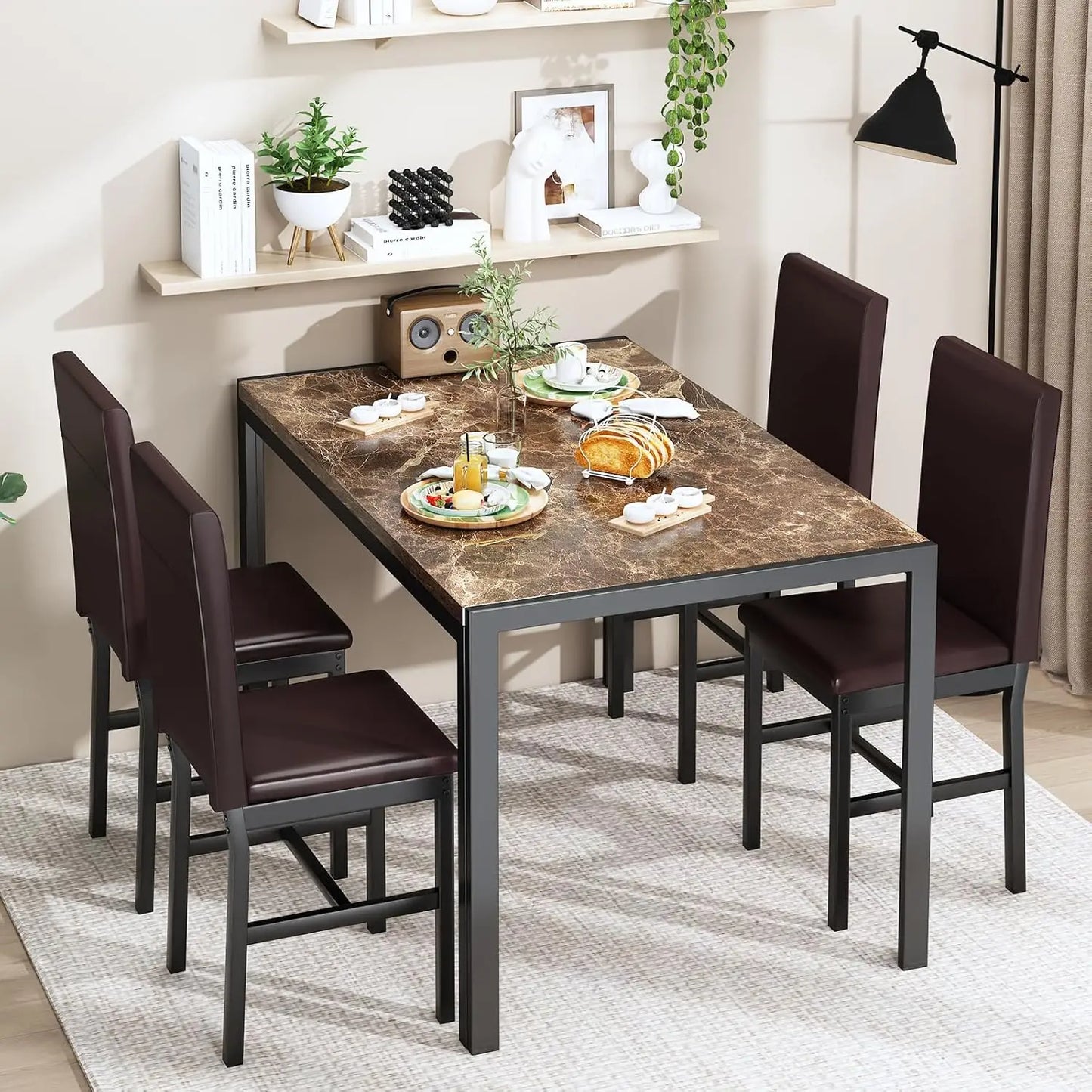 Dining Table Set for 4, Faux Marble Table with 4 PU Leather Chairs, Kitchen Breakfast Nook Set
