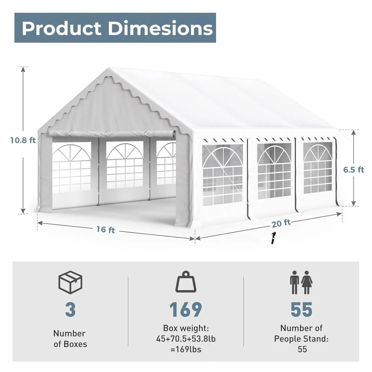16x20FT Party Tent Heavy Duty, Large Wedding Event Shelters with 3 Carry Bags & Removable Sidewalls, Outdoor Canopy, Customized