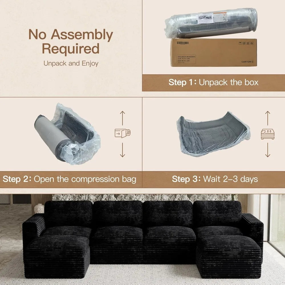 Cloud Sectional Couches for Living Room Plush Corduroy U Shaped Boneless Modular Sectional Sofa with Deep Seat. Black Couch