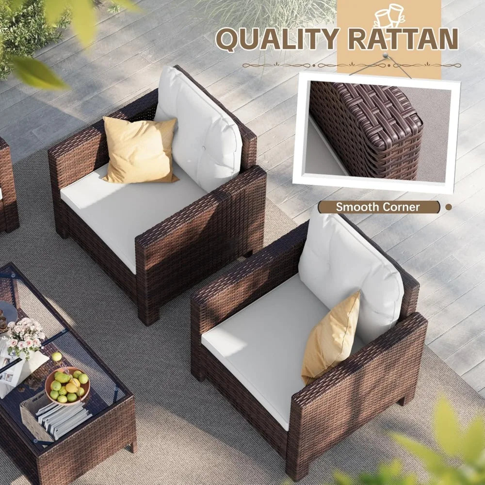 4-Piece Rattan Patio Furniture Set with Cushions and Glass Table for Outdoor Indoor Use