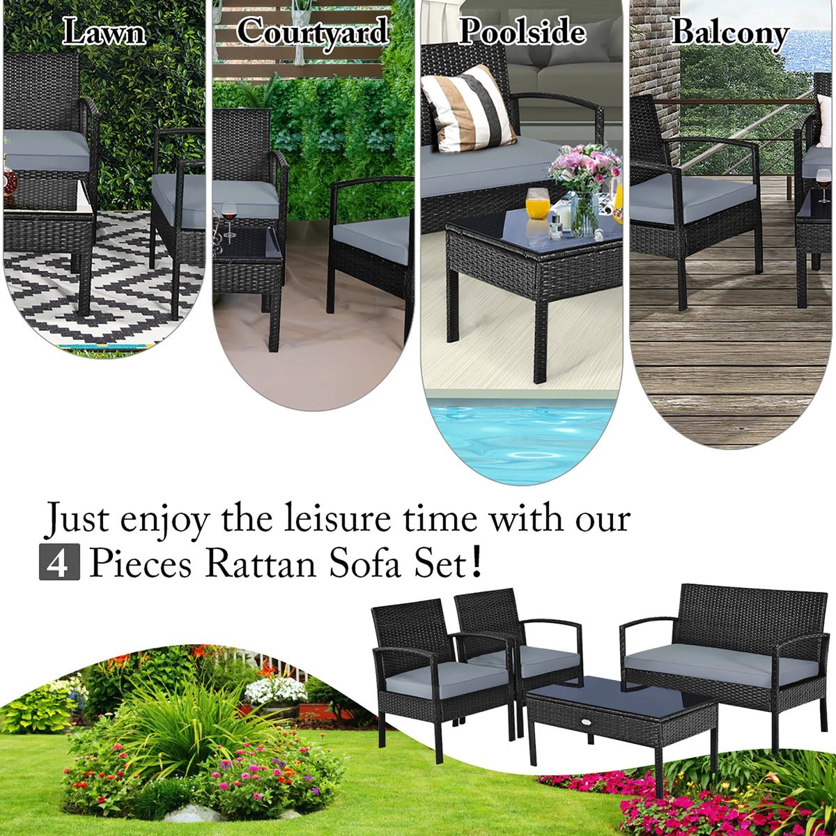 4pcs Outdoor Patio Rattan Wicker Set Table Sofa Cushioned Deck Black