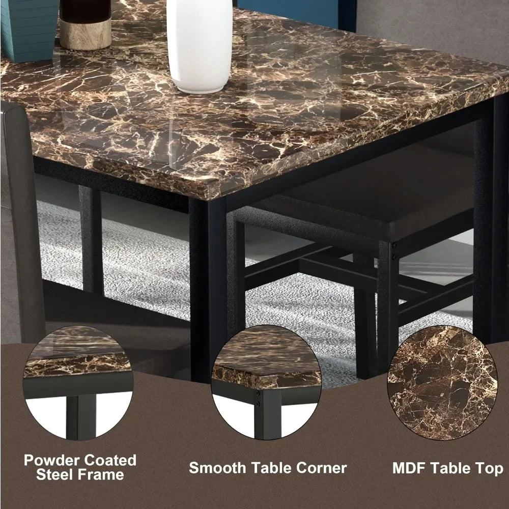 4-piece Dining Table and Chair Set, 5-piece Modern Dining Room Dining Table Set with Faux Marble Top and PU Leather Chairs