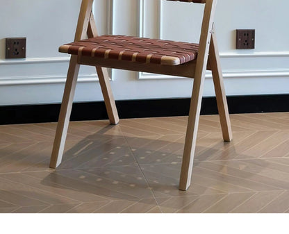 MOMO Retro Solid Wood Dining Chairs Home Living Rooms Saddle Leather Folding Chairs Dining Chairs Wabi Sabi Style Backrest Chair