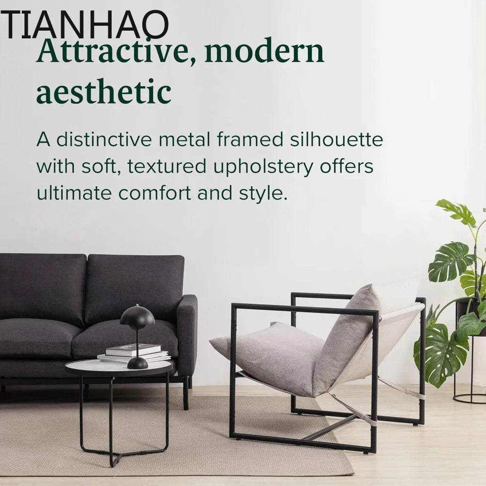Sling Accent Chair, Metal Framed Armchair with Shredded Foam Cushioning, Oatmeal