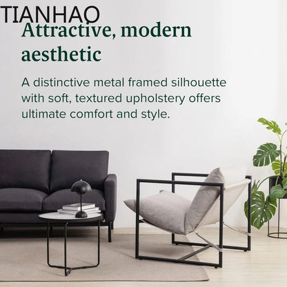 Sling Accent Chair, Metal Framed Armchair with Shredded Foam Cushioning, Oatmeal