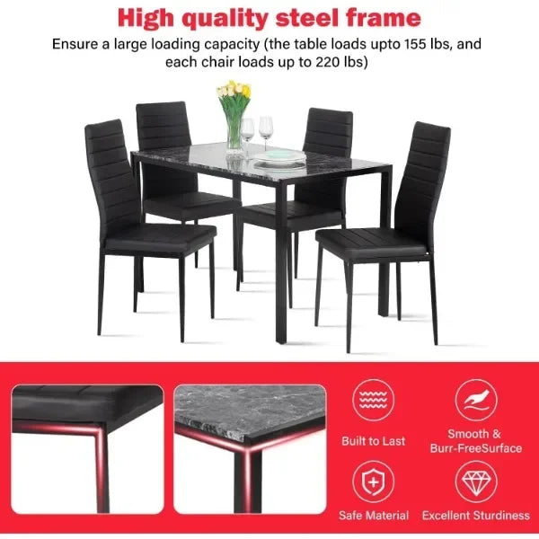 Dining Table and Chairs Set,Modern Rectangular Marble Table top with 4 Chairs PU Leather for Dining Room