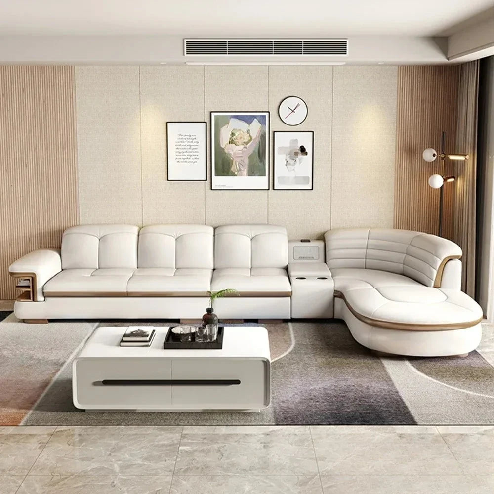 Luxury L-Shaped Genuine Leather Sectional Sofa Sets with USB, Bluetooth Speaker - MINGDIBAO Living Room Italian Leather Couches