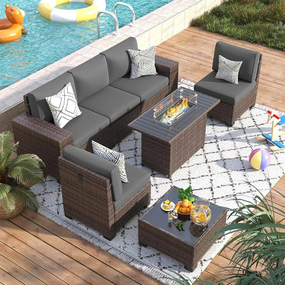 7-piece outdoor wicker sectional sofa set with fire pit table and coffee table