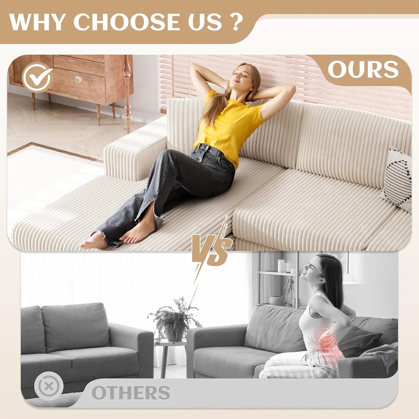 105" Boneless Couches for Living Room, Sectional Couches Modular Sofa with L-Shaped Chaise, Memory Foam Comfy Cloud Couch