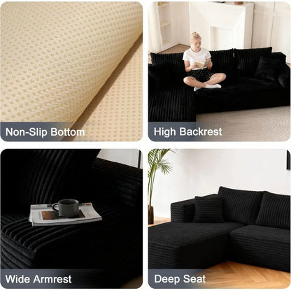 Modern L-Shaped Corduroy Sectional Sofa, Deep Seating, No Assembly, Comfortable Cloud Sectional for Living Room, Black