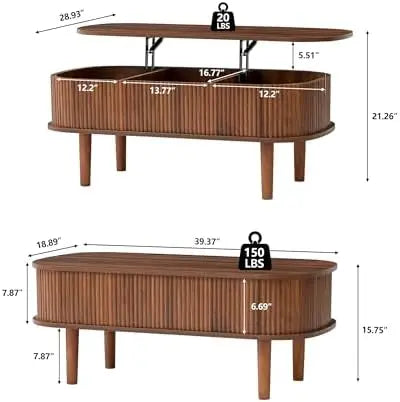 Fluted Lift Top Coffee Table, Hidden Compartment, Modern Oval Wooden Table, Walnut