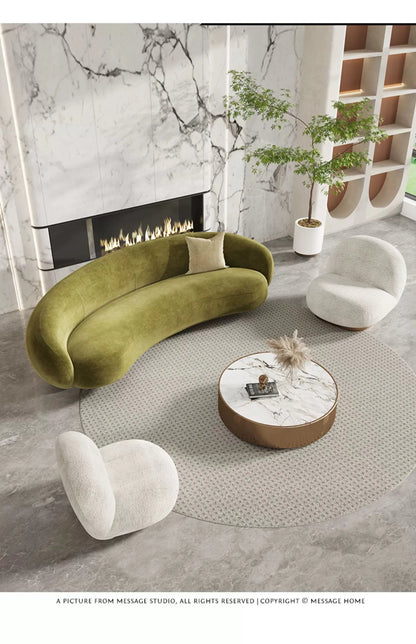 Margery Moon Minimalist Creative Living Room Sitting Area Reception Pea Lamb Fleece Curved Cashew Fabric Sofa