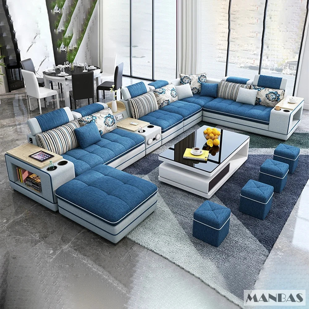 MANBAS Modern U-Shaped Fabric Sectional Sofa Set with Storage, Cup Holders, Speaker, USB, Bookshelf and Stools for Living Room