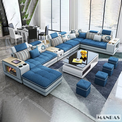 MANBAS Modern U-Shaped Fabric Sectional Sofa Set with Storage, Cup Holders, Speaker, USB, Bookshelf and Stools for Living Room