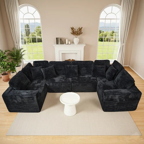 135.5-inch Modular U-Shaped Sectional Sofa, 6-Seater Chaise Lounge with Reversible Design, Striped Corduroy Fabric in Black