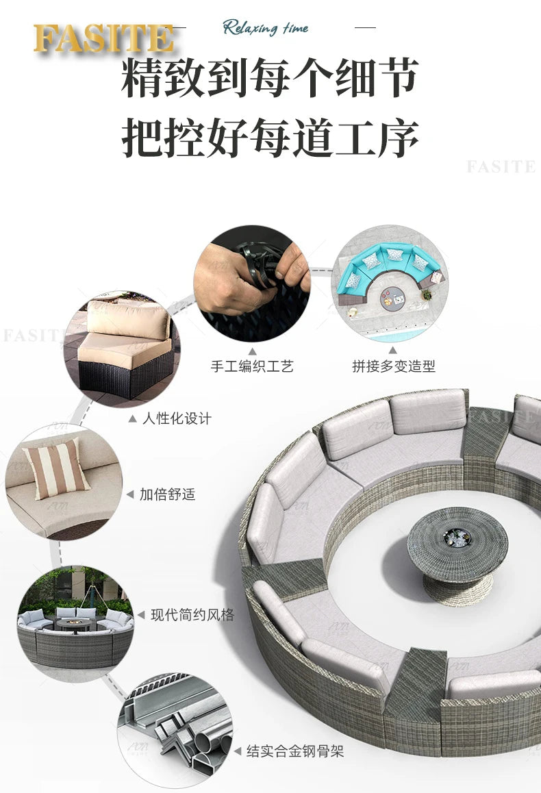 Sofa, courtyard, garden, leisure, outdoor living room, semi circular curved rattan chair, terrace, outdoor furniture combination