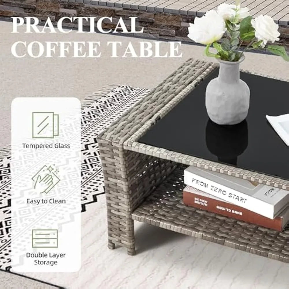 6 Pieces Patio Furniture Set, Outdoor Sectional Conversation Rattan Sofa Set with Ottoman and Outdoor Storage Table for Garden,