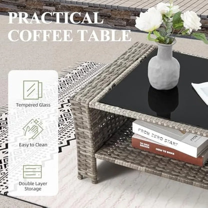 6 Pieces Patio Furniture Set, Outdoor Sectional Conversation Rattan Sofa Set with Ottoman and Outdoor Storage Table for Garden,