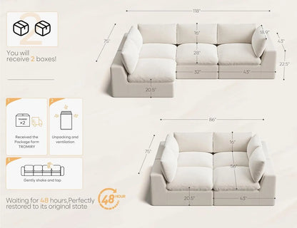 120" Cloud Sectional Couch | Oversize Boneless Couches for Living Room | 4 Seater Modern L-Shape Sofa | Ivory White, Customized