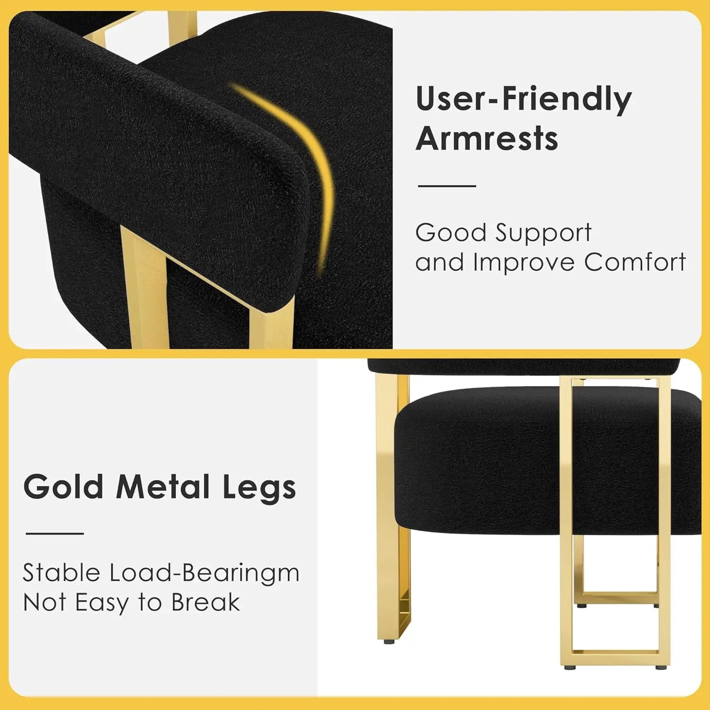 Modern Black and Gold Accent Chair Set of 2, Boucle Bucket Chairs Set of 2, Arm Chairs for Living Room Bedroom (2, Black)