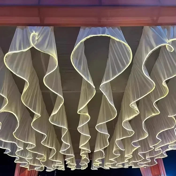 Glowing Curtain for Wedding Ceiling Decor, White Wave Tulle Fabric with Lights, Romantic Party Christmas Event Decoration