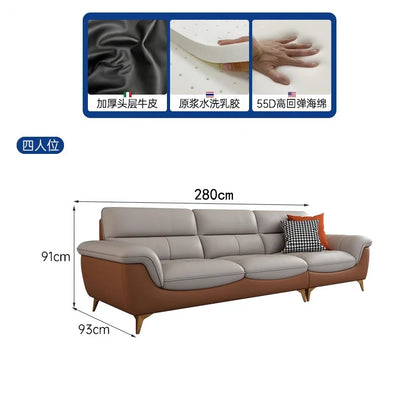Italian  cowhide leather sofa living room small apartment light luxury modern two-color three-person straight row combination