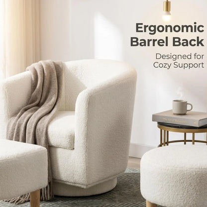 White Swivel Accent Chair with Ottoman, Modern Barrel Living Room Chair with 360° Swivel Base, Upholstered Armchair, Customized