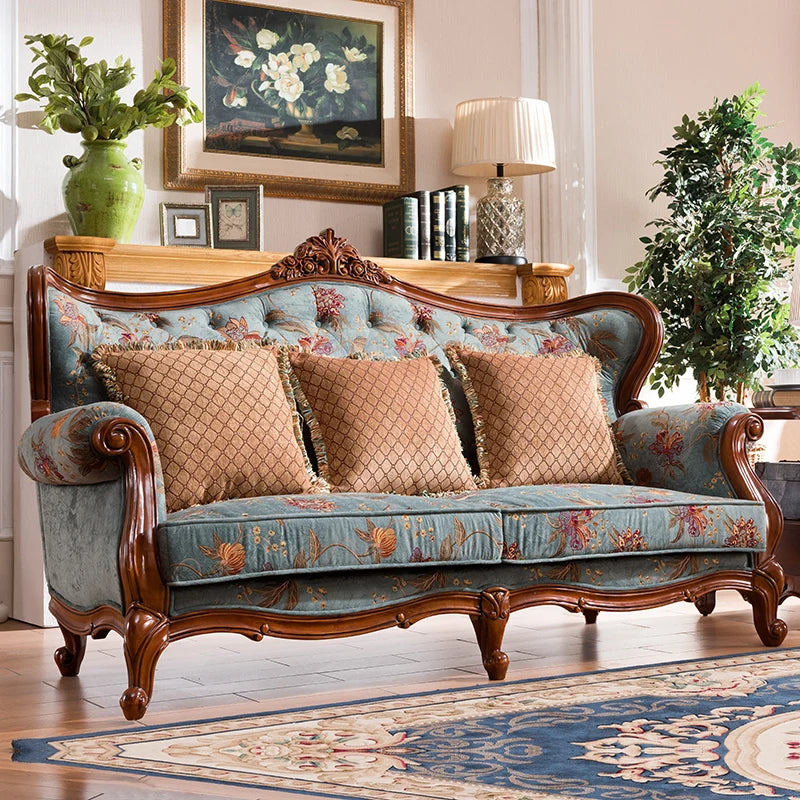 American-style all-solid wood fabric sofa combination three-person furniture set