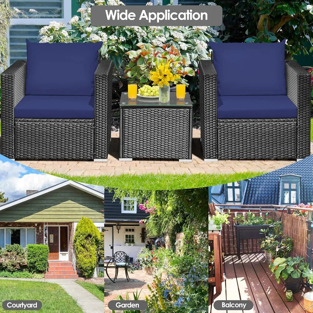 Three Piece Patio Set, Outdoor Rattan Sofa With Cushions, Tempered Glass Tabletop, Wicker Conversation Furniture