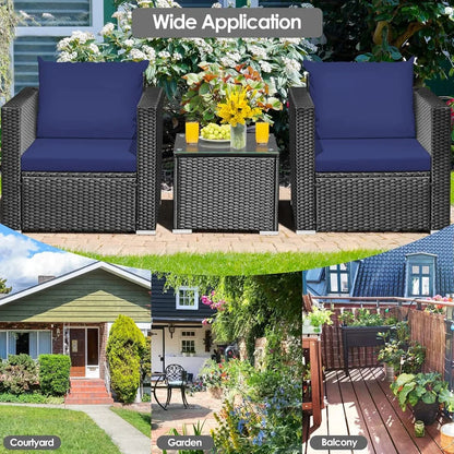 Three Piece Patio Set, Outdoor Rattan Sofa With Cushions, Tempered Glass Tabletop, Wicker Conversation Furniture