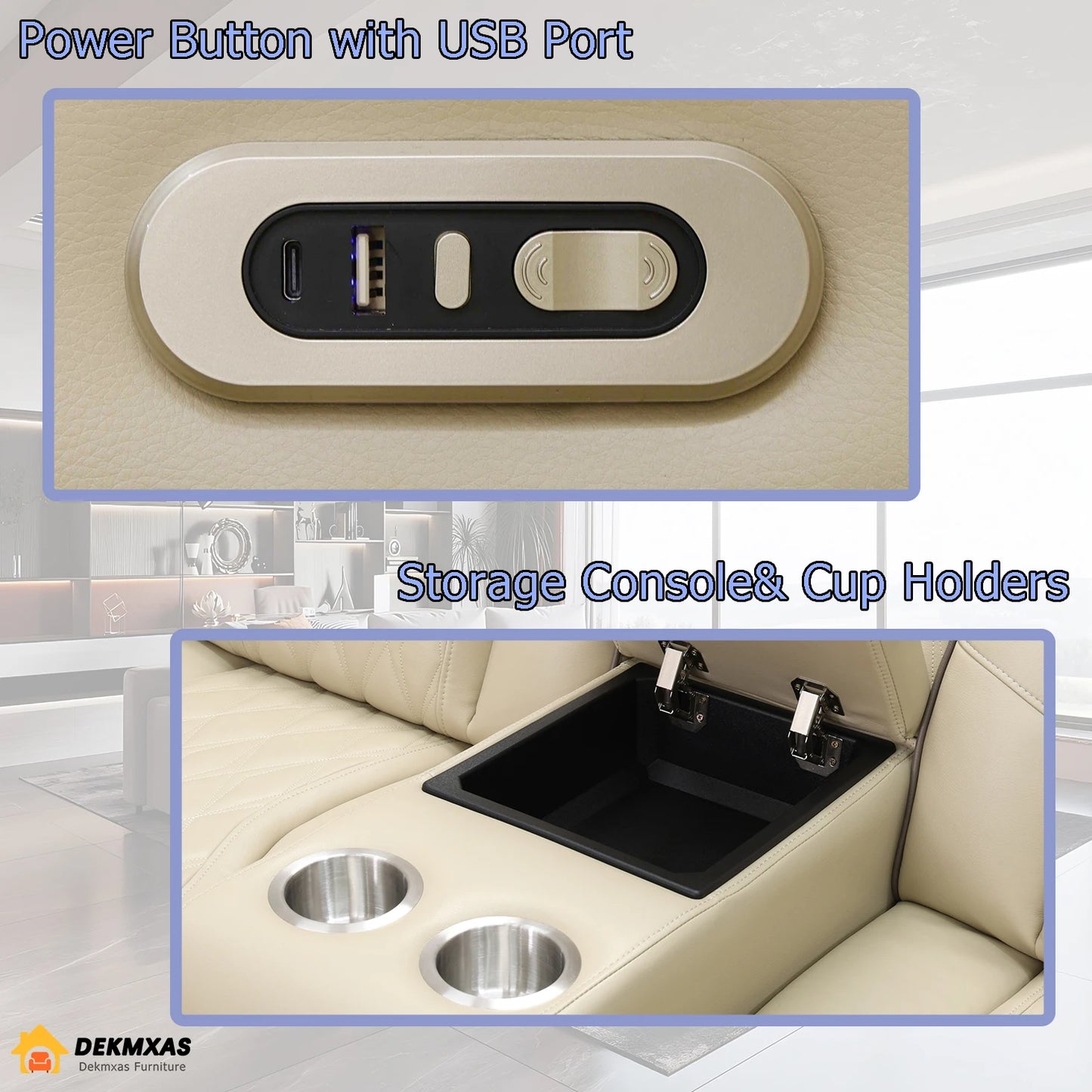 3PCS Power Recliner Sofa with Drop-Down Table Cup Holder, Beige Breathing Leather Power Reclining Sofa Set with Storage Console