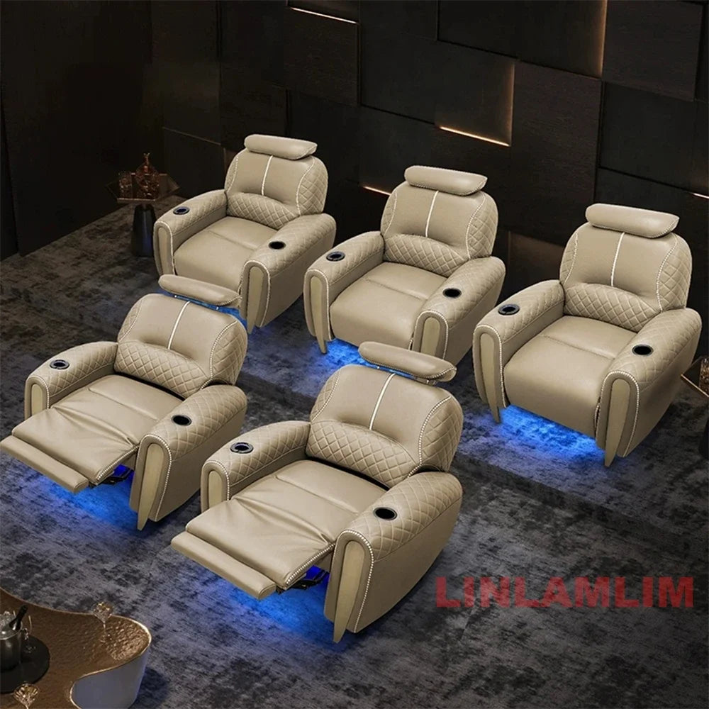 Luxury Electric Recliner Theater Seating Sofa – Modern Home Theater Chairs with LED Lighting, USB, Massage, Cooling Cup Holder