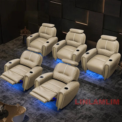 Luxury Electric Recliner Theater Seating Sofa – Modern Home Theater Chairs with LED Lighting, USB, Massage, Cooling Cup Holder
