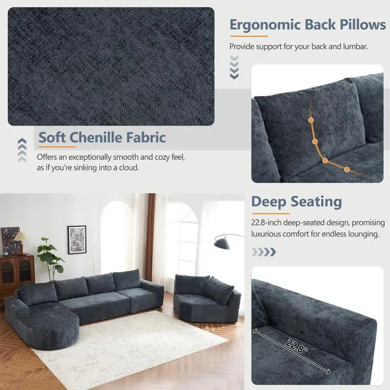 Oversized Modular Cloud Sectional Sofa Set, Grey U-shaped Couch with Deep Seating for Living Room