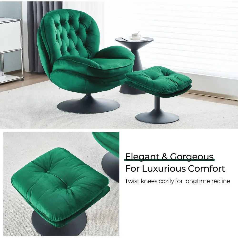 Green Velvet Swivel Chair and Ottoman Set for Living Room, Reading, TV Area, or Bedroom with 360-Degree Rotation
