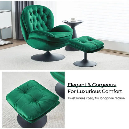 Green Velvet Swivel Chair and Ottoman Set for Living Room, Reading, TV Area, or Bedroom with 360-Degree Rotation