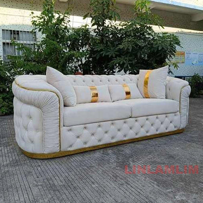 A Luxury Chesterfield Sectional Sofa Set With Cloth Buttons And Fabric Modular Couch With Gold Stainless Steel Base, 3-seater So