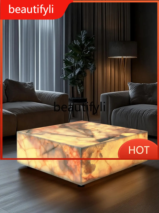 CNatural jade coffee table square crystal light luxury mansion blue and white jade living room marble luminous coffee table C660