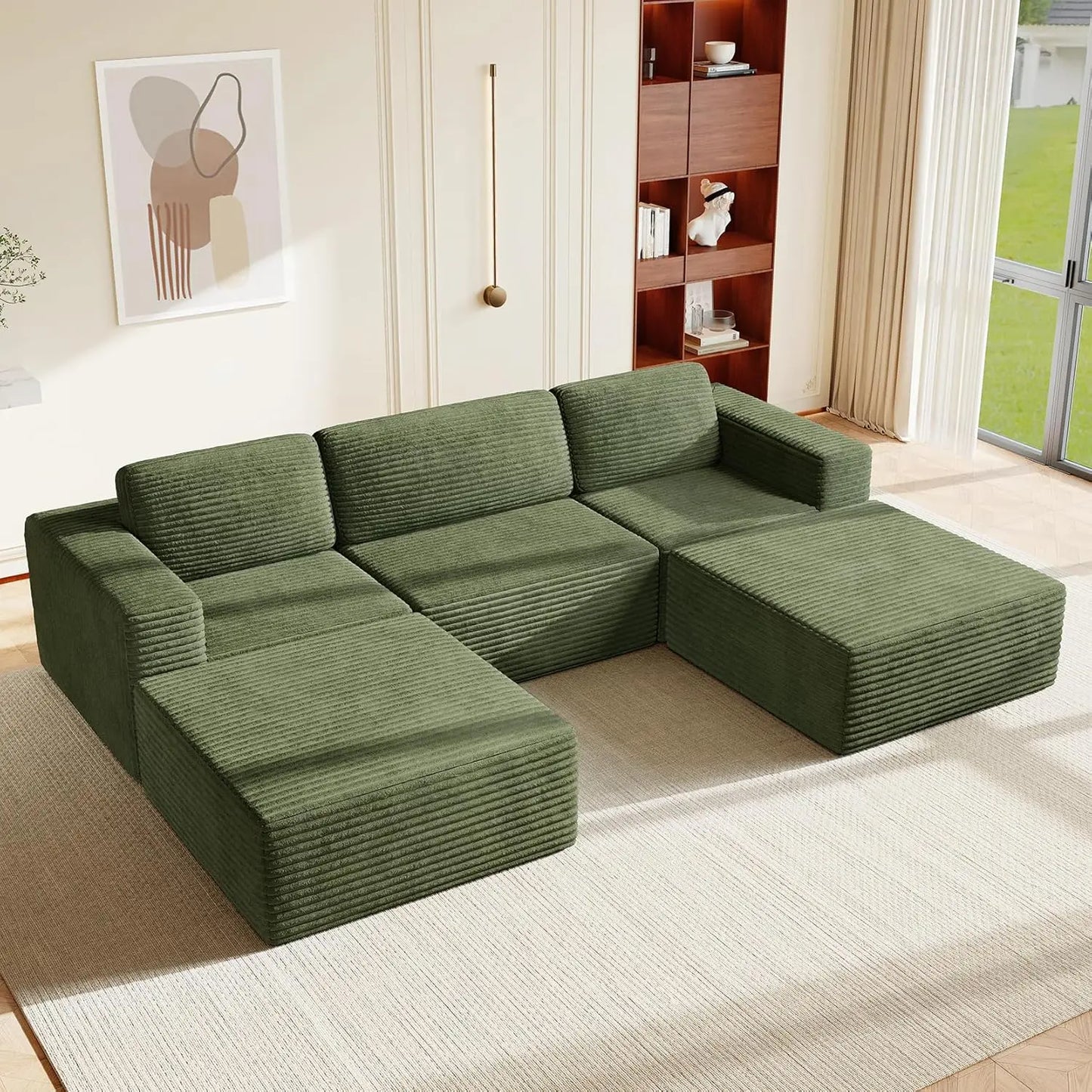 97" L-Shape Modular Sofa, 3-Seat Corduroy Couch with Movable Ottoman, Sectional Sofa for Living Room, Green, Customized