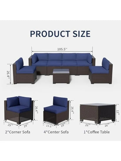 Outdoor Patio Furniture Set, Rattan Sectional Sofa, Conversation Set with Waterproof Cushion and Coffee Table, for Deck