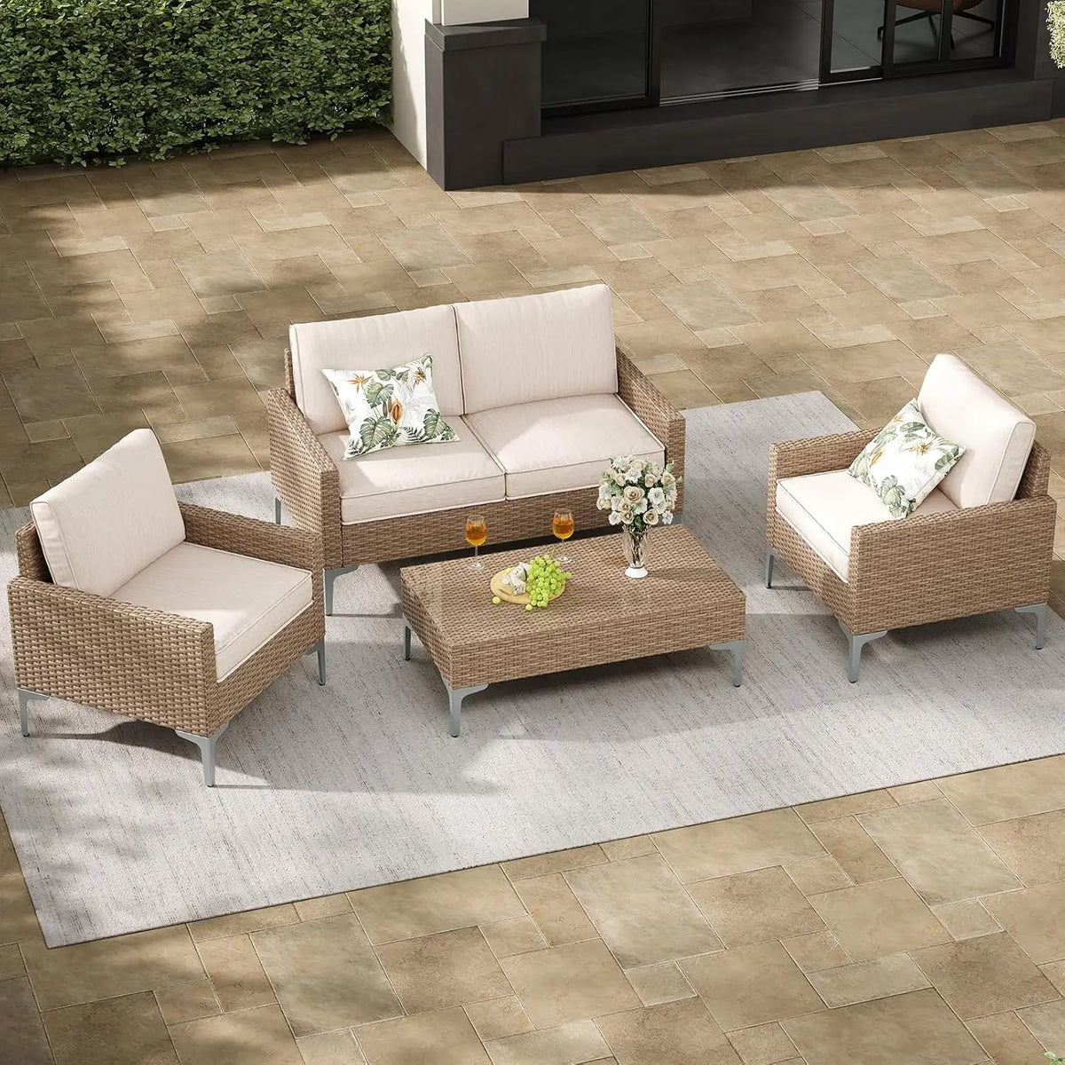 4-Piece Outdoor Sectional Sofa Set, All-Weather Wicker Patio Furniture with L/R armrest & Tempered Glass Table,, Customized