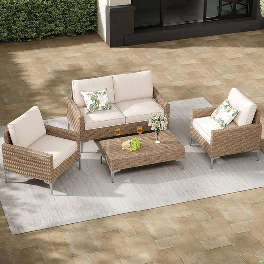 4-Piece Outdoor Sectional Sofa Set, All-Weather Wicker Patio Furniture with L/R armrest & Tempered Glass Table,, Customized