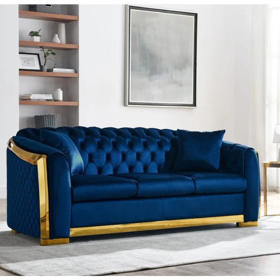 Velvet Luxury Chesterfield Sofa Set 84 Inches Tufted 3 Seat Couch with Gold Stainless for Living Room Navy Blue Fabric