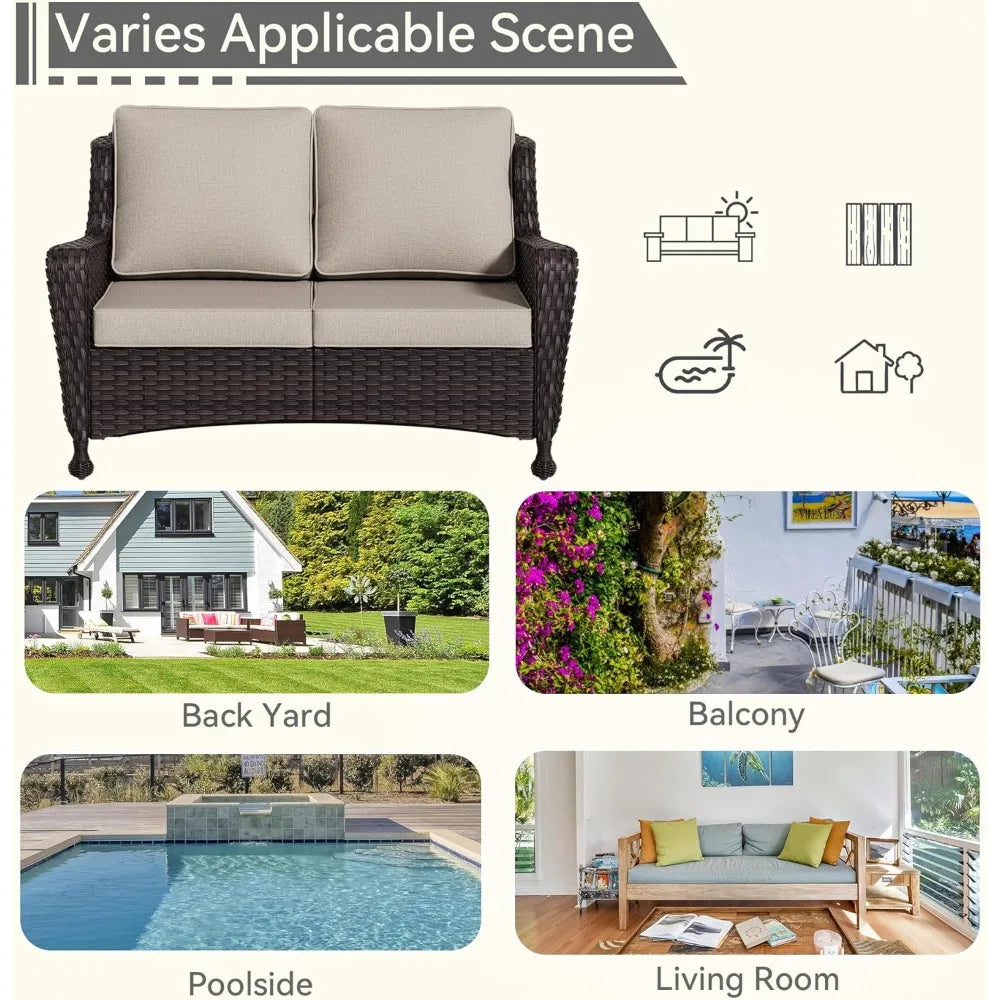 Outdoor Wicker Loveseat with Cushioned Seats, Weather-Resistant, High Back and Wide Armrests for Patio and Balcony