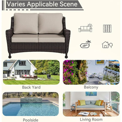 Outdoor Wicker Loveseat with Cushioned Seats, Weather-Resistant, High Back and Wide Armrests for Patio and Balcony