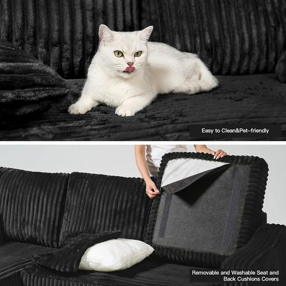 U-Shaped Sectional Sofa,130-inch 4-Seater Chaise Lounge with Striped Corduroy Fabric  Customizable Living Room or Bedroom Couch