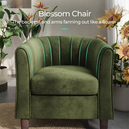 Modern Velvet Accent Chair with Ottoman, Comfy Barrel Reading Armchair for Living Room Bedroom in Olive Green