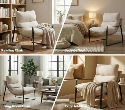 Modern Linen Accent Armchair Upholstered Soft Living Room Chair with Removable Cushion White