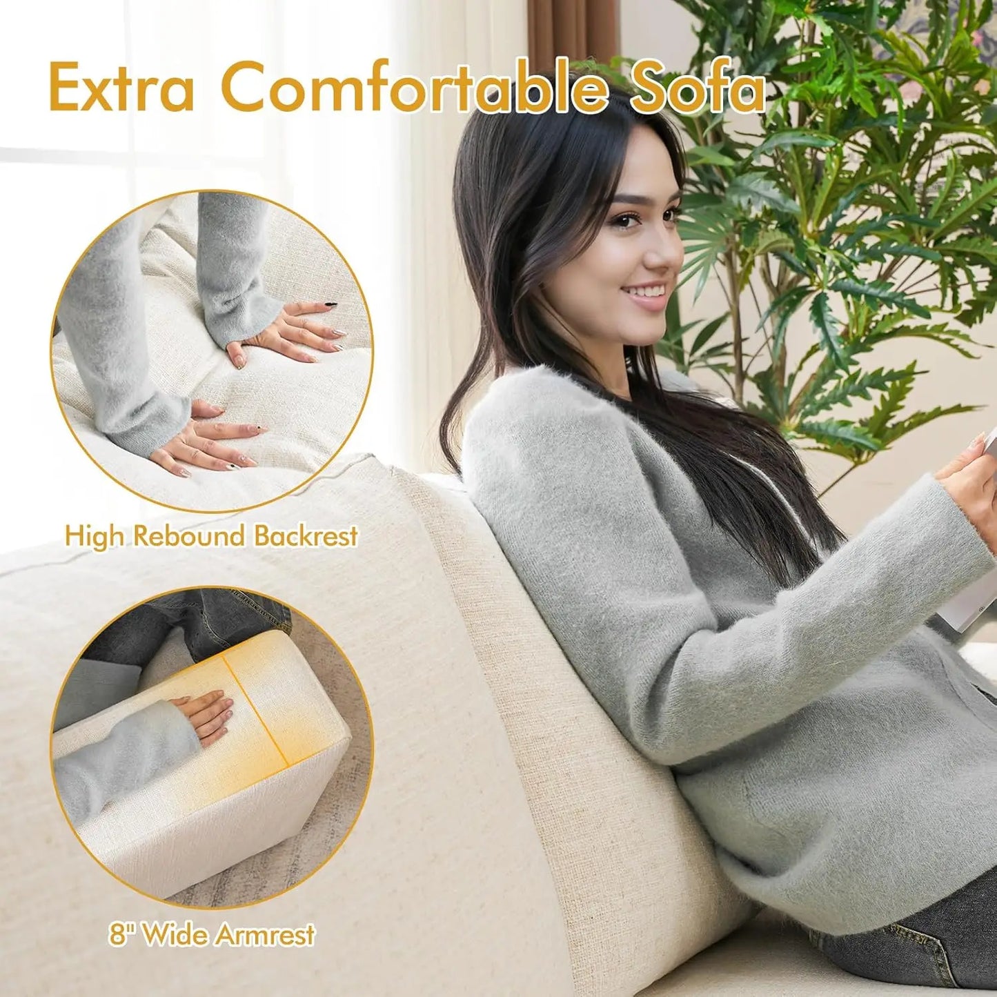 85" Modern Sofa Couches for Living Room, 3 Seater Sofa, Natural Linen Deep Seat Sofa with Upholstered Cushion&Detachable Cover,